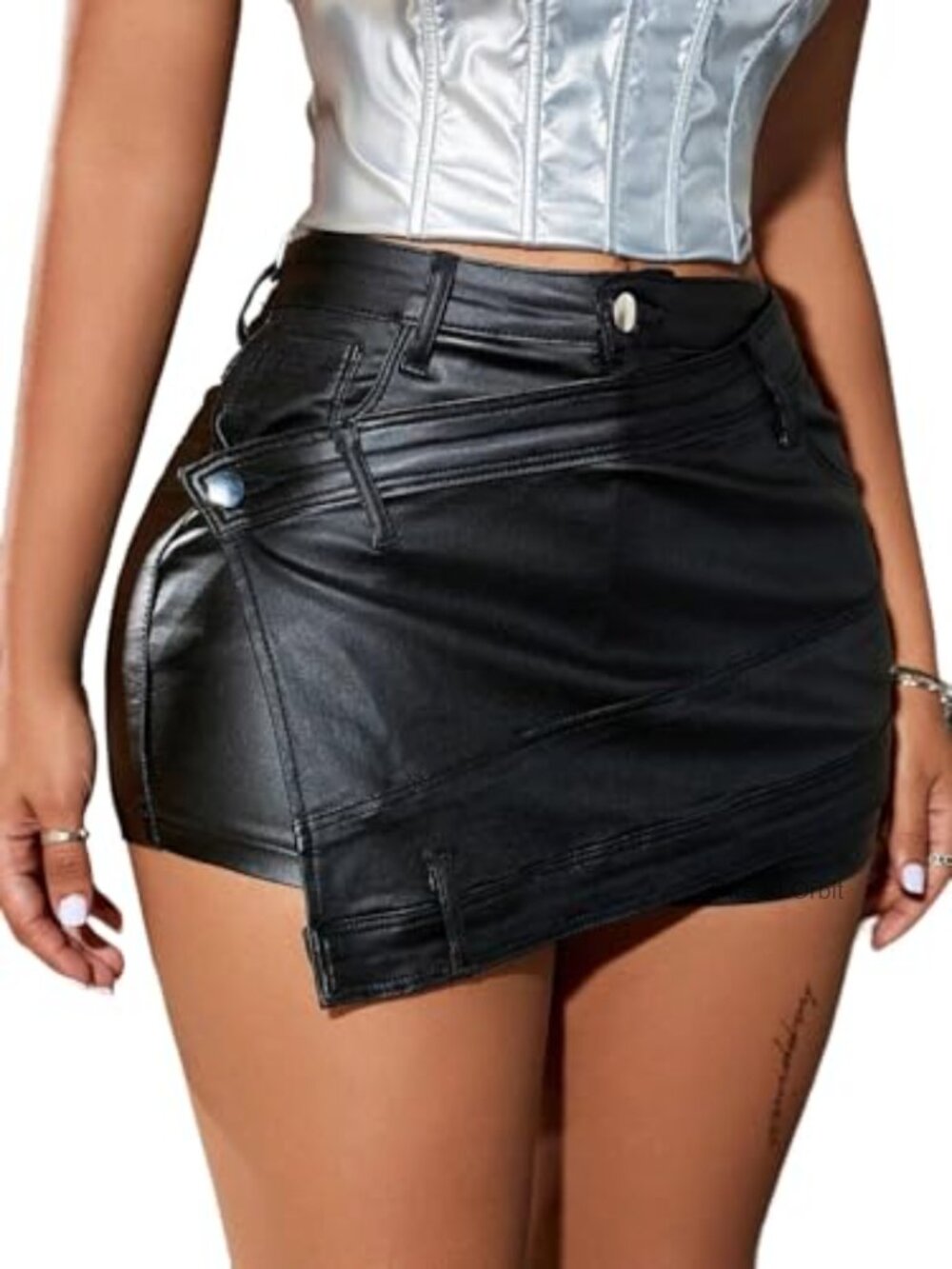 Faux Leather High Rise Bodycon Mini Skort with Slit
